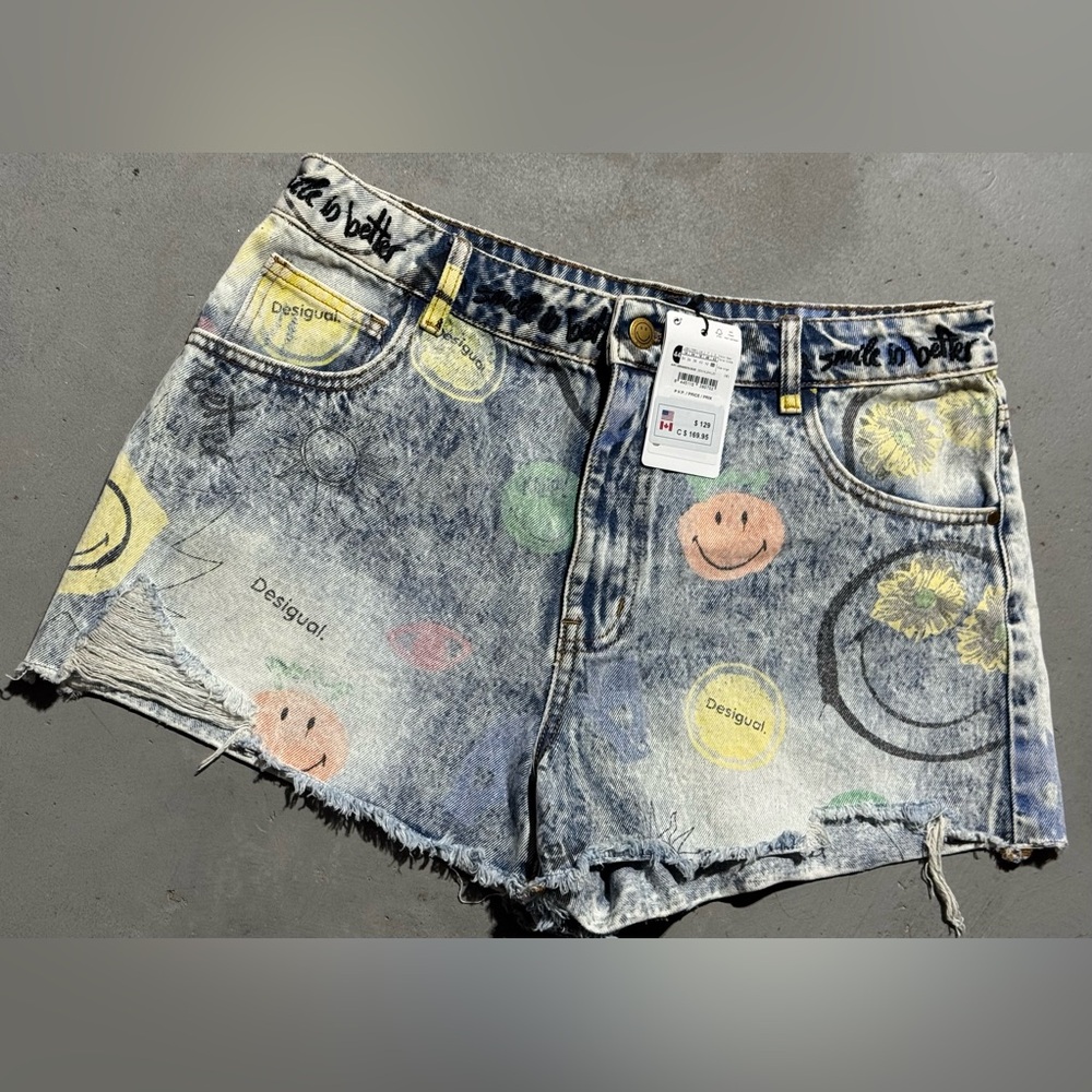 Desigual Blue Jean Shorts with Colorful Smiley Prints